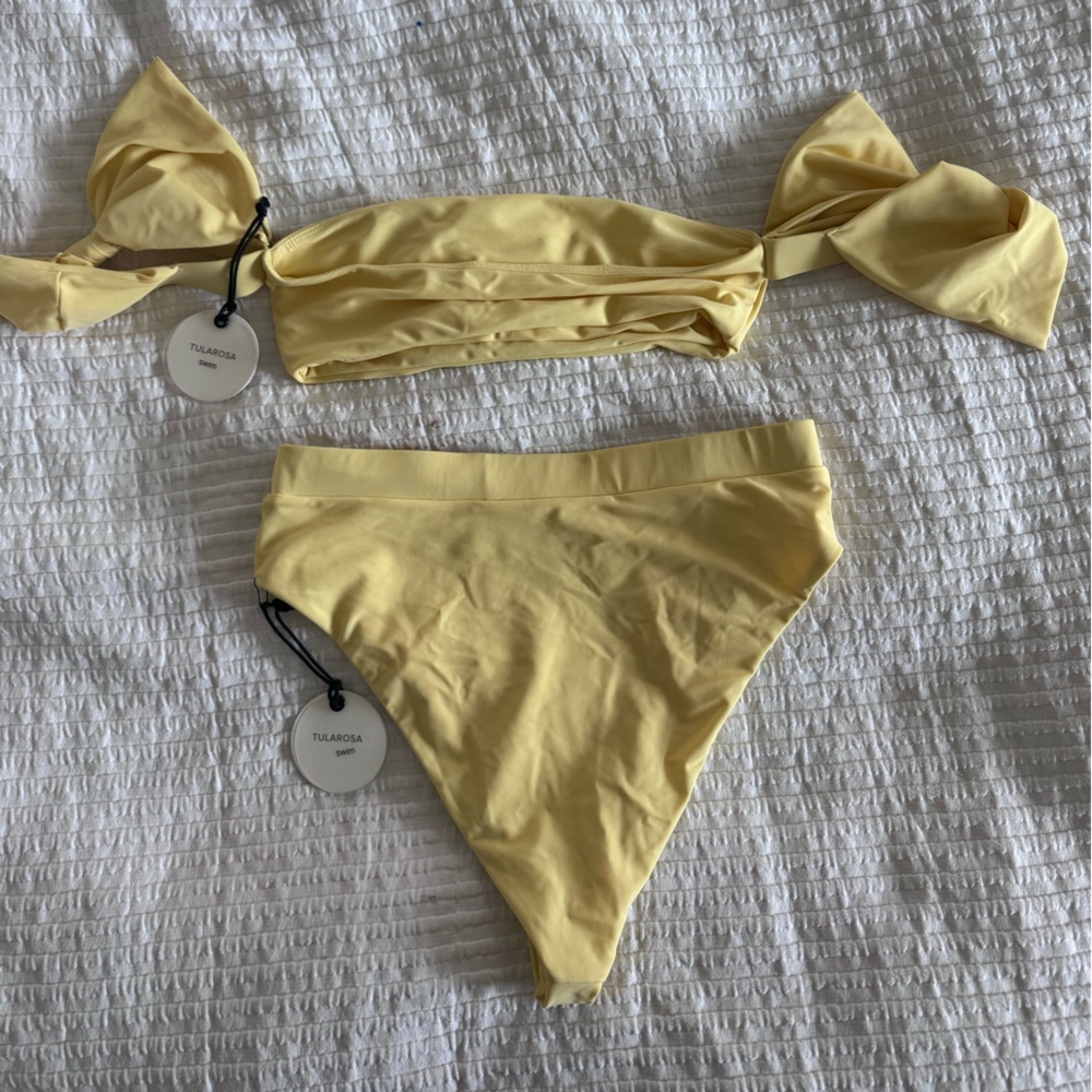 Tularosa Light Yellow Bikini Set. High waisted bottoms with bandeau top